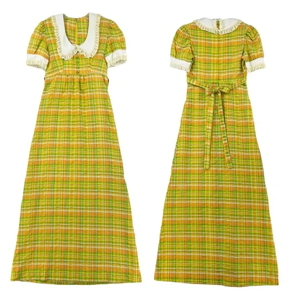 Vintage Dresses | Vintage Yellow, Green, White Plaid Maxi Dress Made in The USA Union Label | Color: Green/Yellow | Size: Xs | Hollywood1998'S Closet
